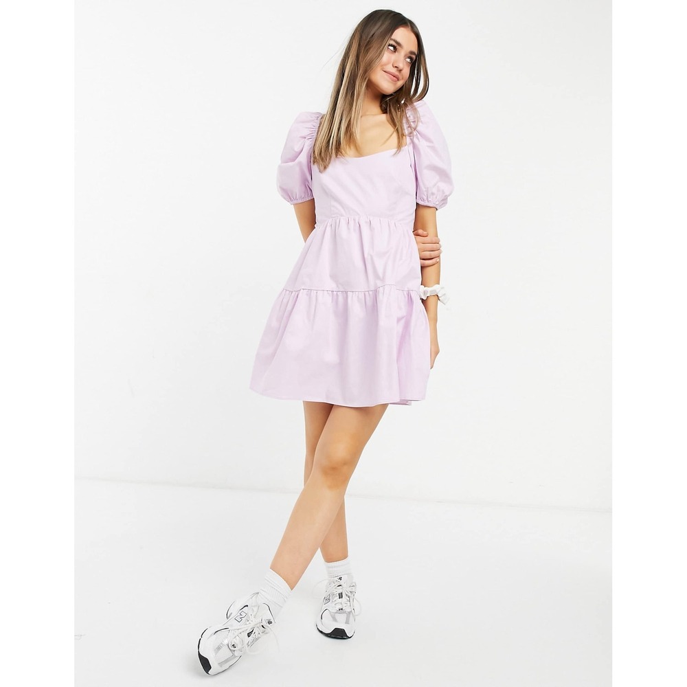 BARDOT Lavender Puff‎ Sleeve Tiered Mini Dress Open Back Wedding Guest Size 6 SM - Picture 4 of 9